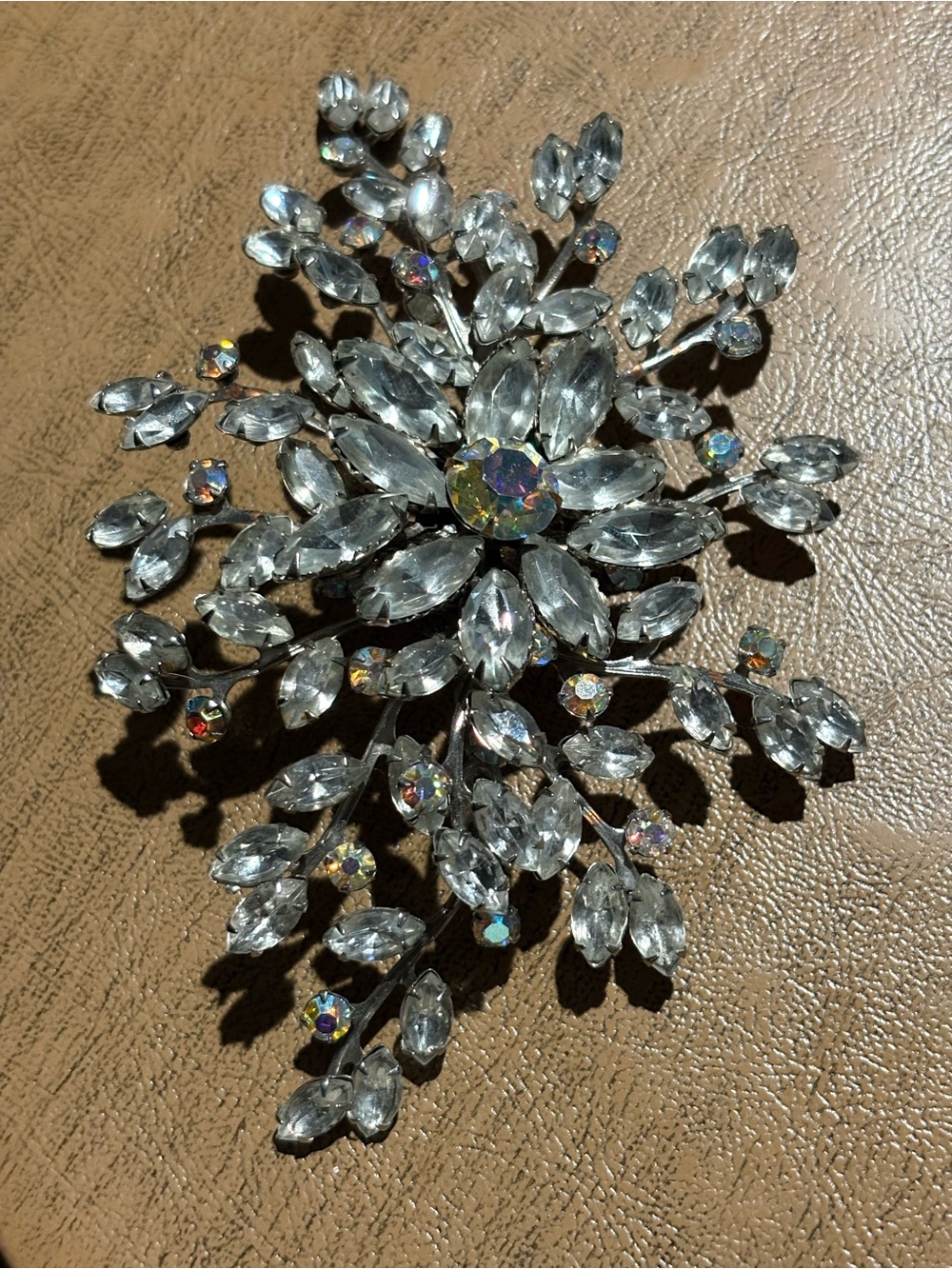 Vintage Rhinestone Spray Brooch Crystal Snowflake Starburst Pin Silver Tone